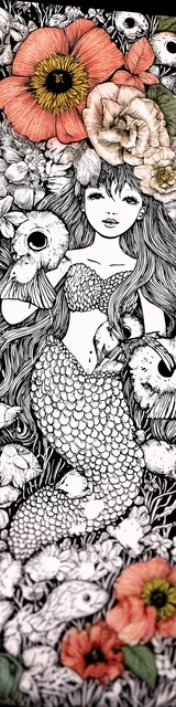 Free mermaid bookmark with orange flowers on a colorable white mermaid